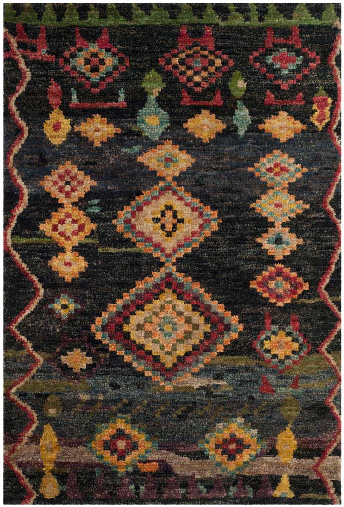 Black rug with bold multicolored diamonds and a lively geometric border