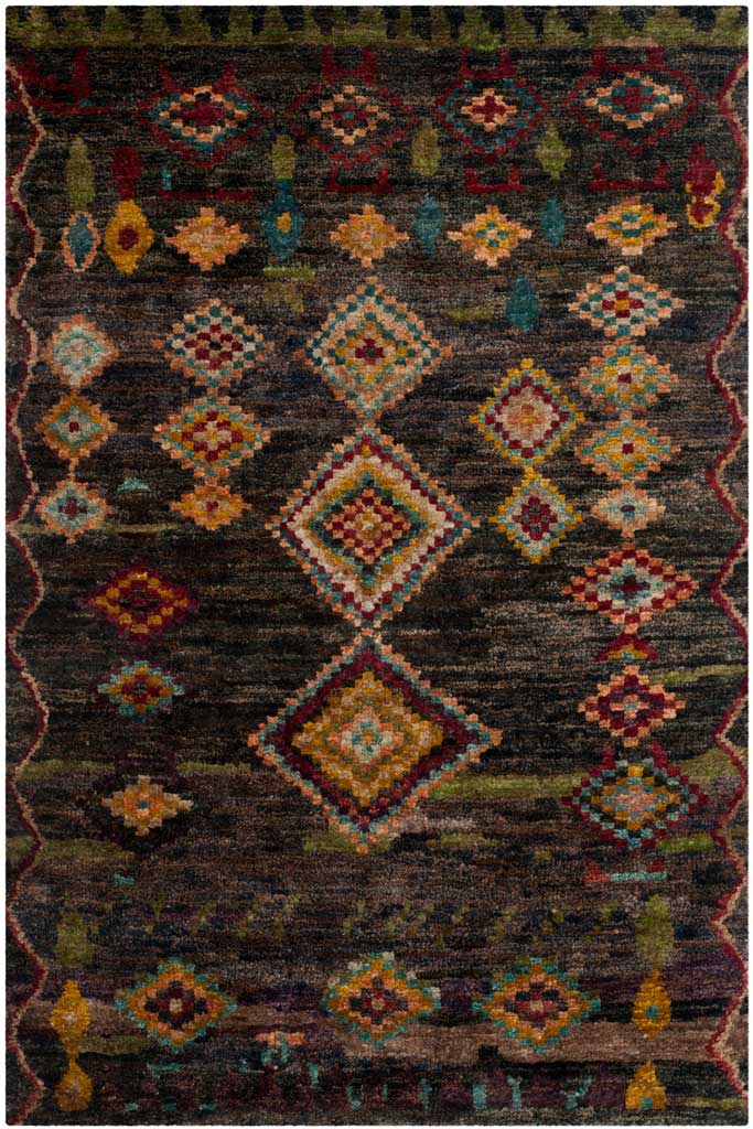 Black rug with layered diamond medallions and vibrant geometric motifs in coral, gold, and blue