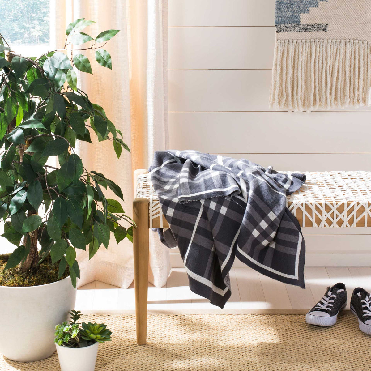 Soft gray cotton throw with bold gingham checks and crisp white border stripes