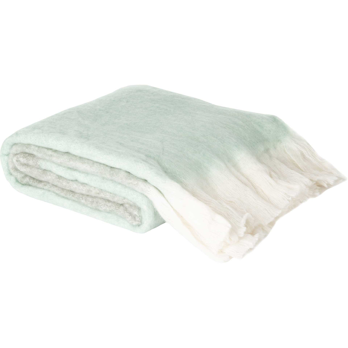 Soft aqua-toned throw fades to ivory and is finished with delicate fringe || THR608A-5070 || front_angle_studio