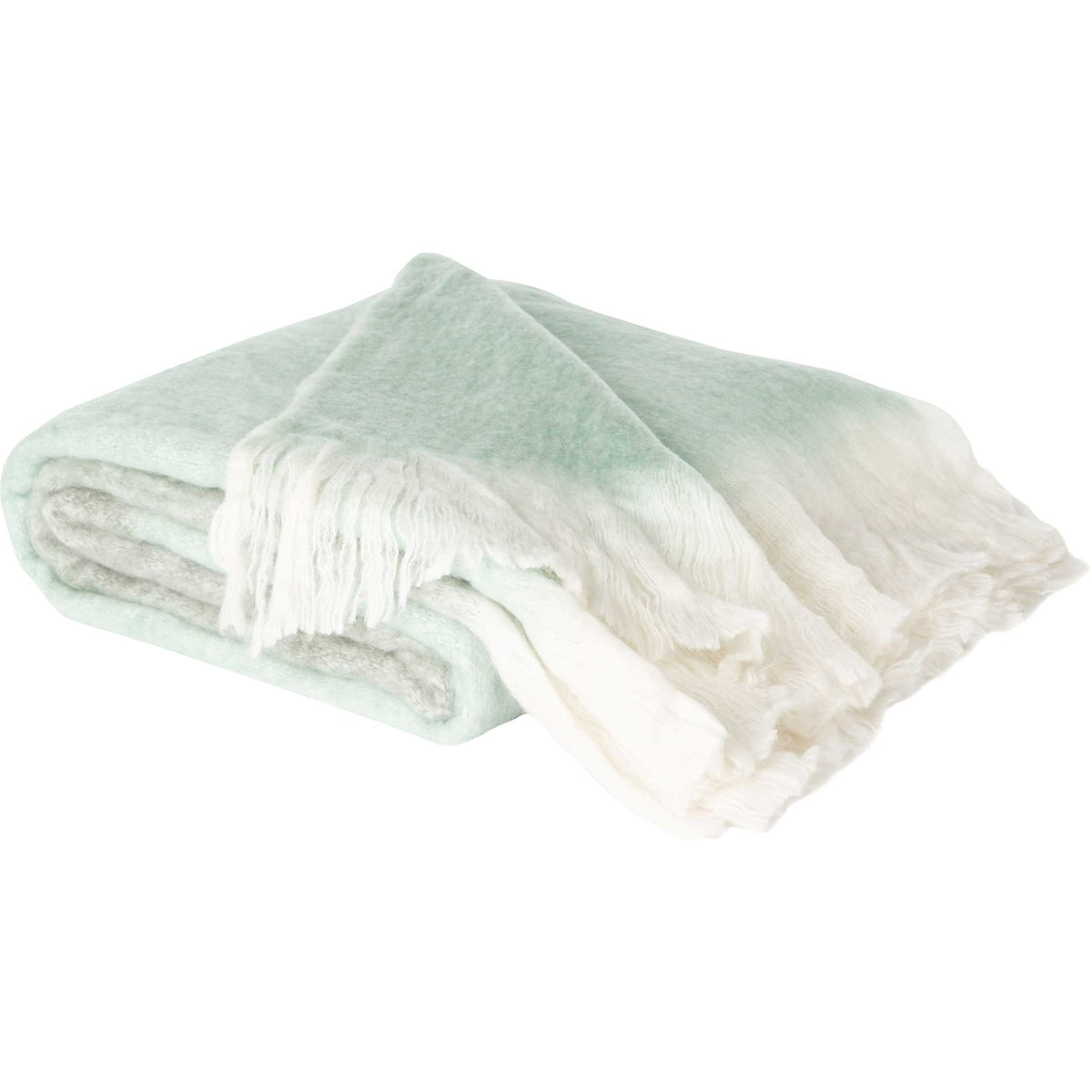 Plush gray and aqua throw with soft folds and long ivory fringe || THR608A-5070 || front_angle_studio