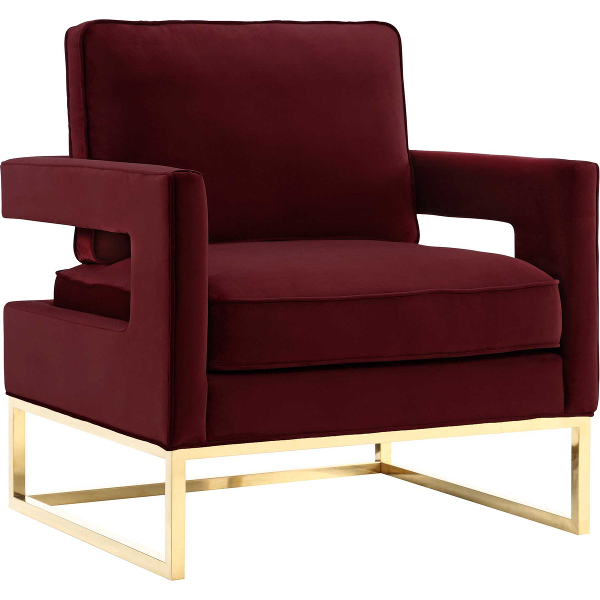 Deep maroon velvet cushions and a polished gold sled base make this accent chair a striking focal point. || TOV-A110 || front_angle_studio