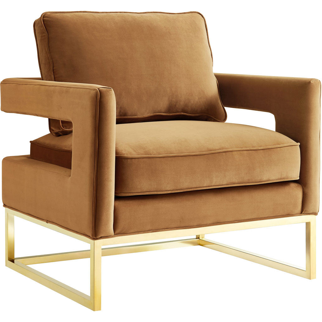 Cognac velvet and a polished gold sled base give this generously cushioned accent chair a warm, luxe look. || TOV-A128 || front_angle_studio