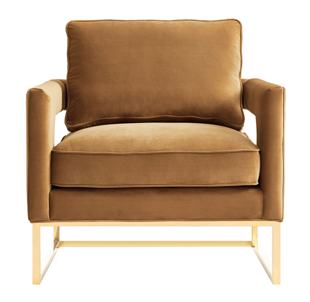 Plush cognac cushions, tailored piping, and broad padded arms create an inviting seat with modern flair. || TOV-A128 || front_studio