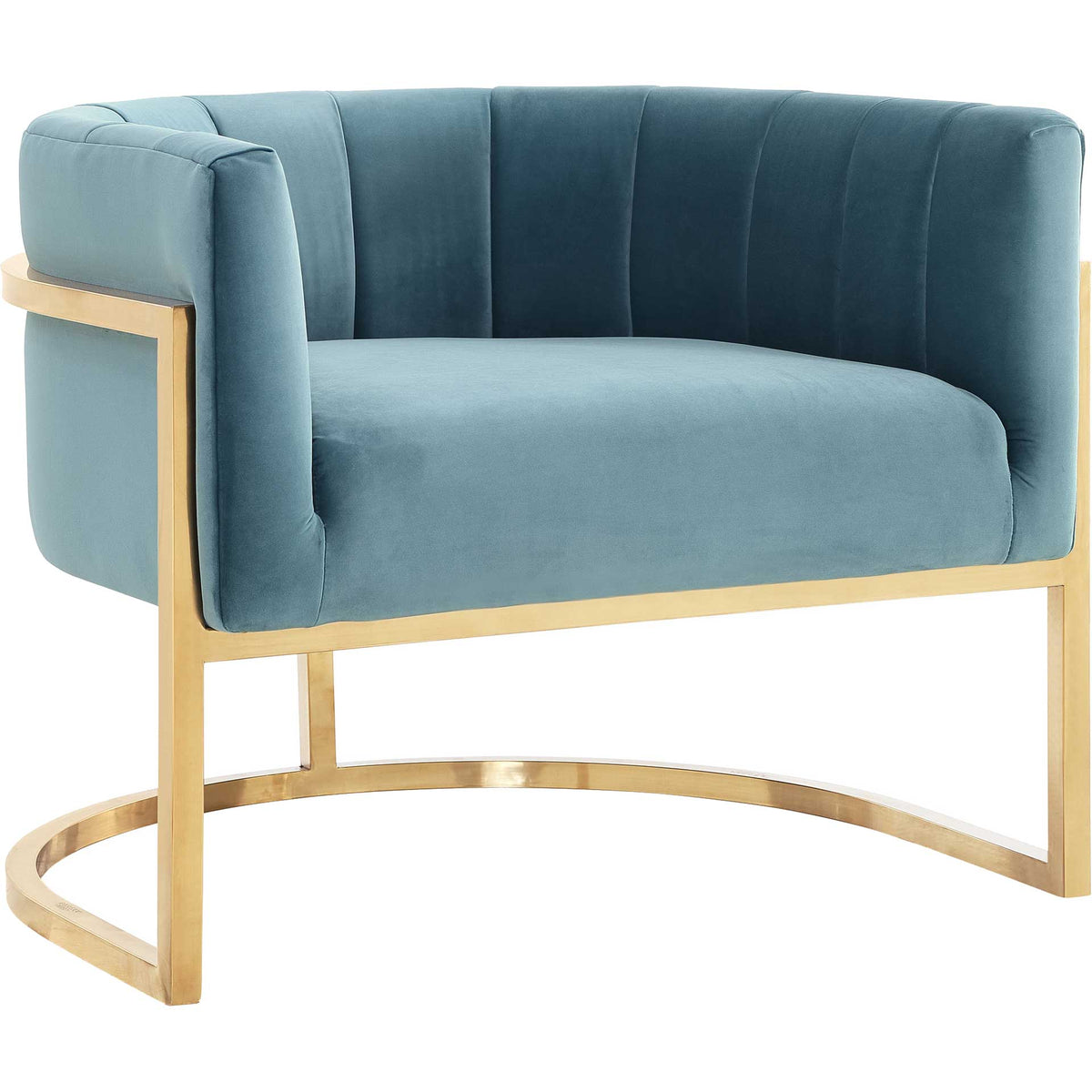 Sea blue velvet barrel chair with channel tufting and a gleaming gold-finished steel base || TOV-A144 || front_angle_studio