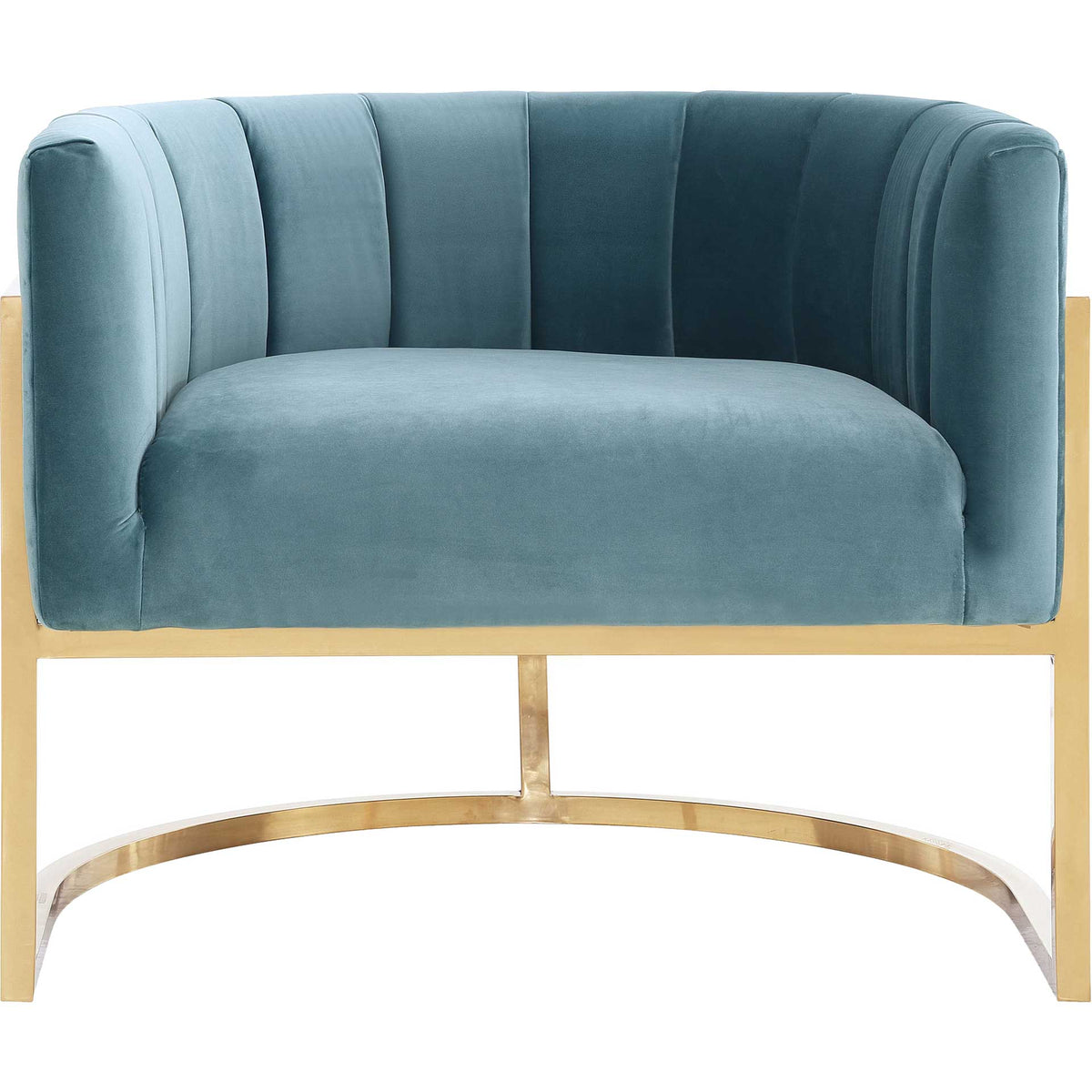 A curved channel-tufted back and plush blue seat rest on an airy gold-finished frame || TOV-A144 || front_studio