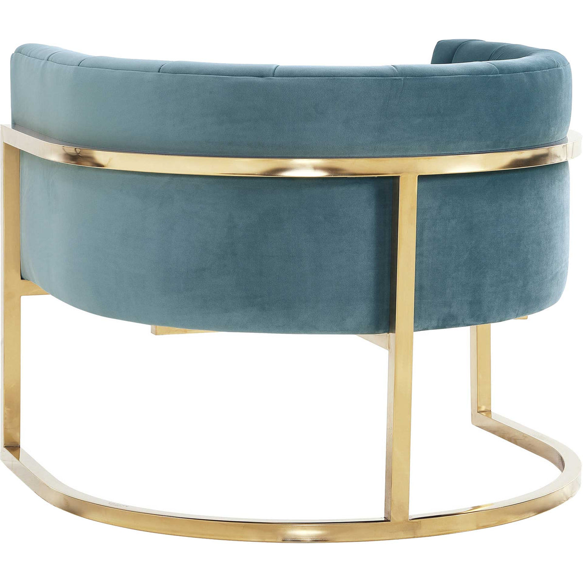 Smooth blue upholstery and a sweeping gold frame highlight the chair's rounded barrel silhouette