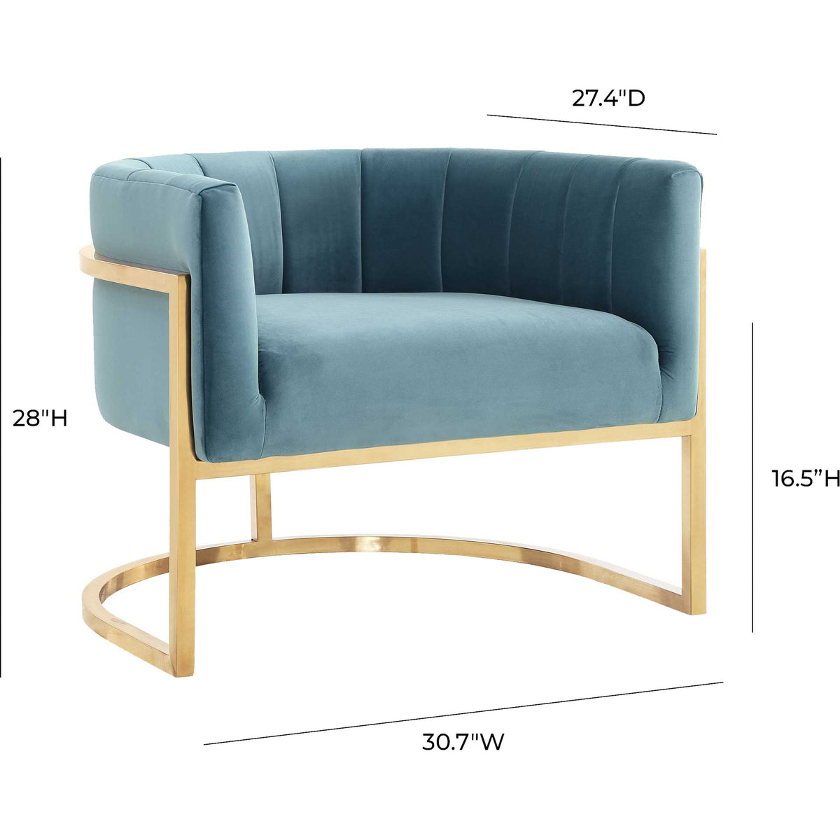 Sea blue velvet chair with a gold frame measures 30.7 inches wide and 28 inches tall