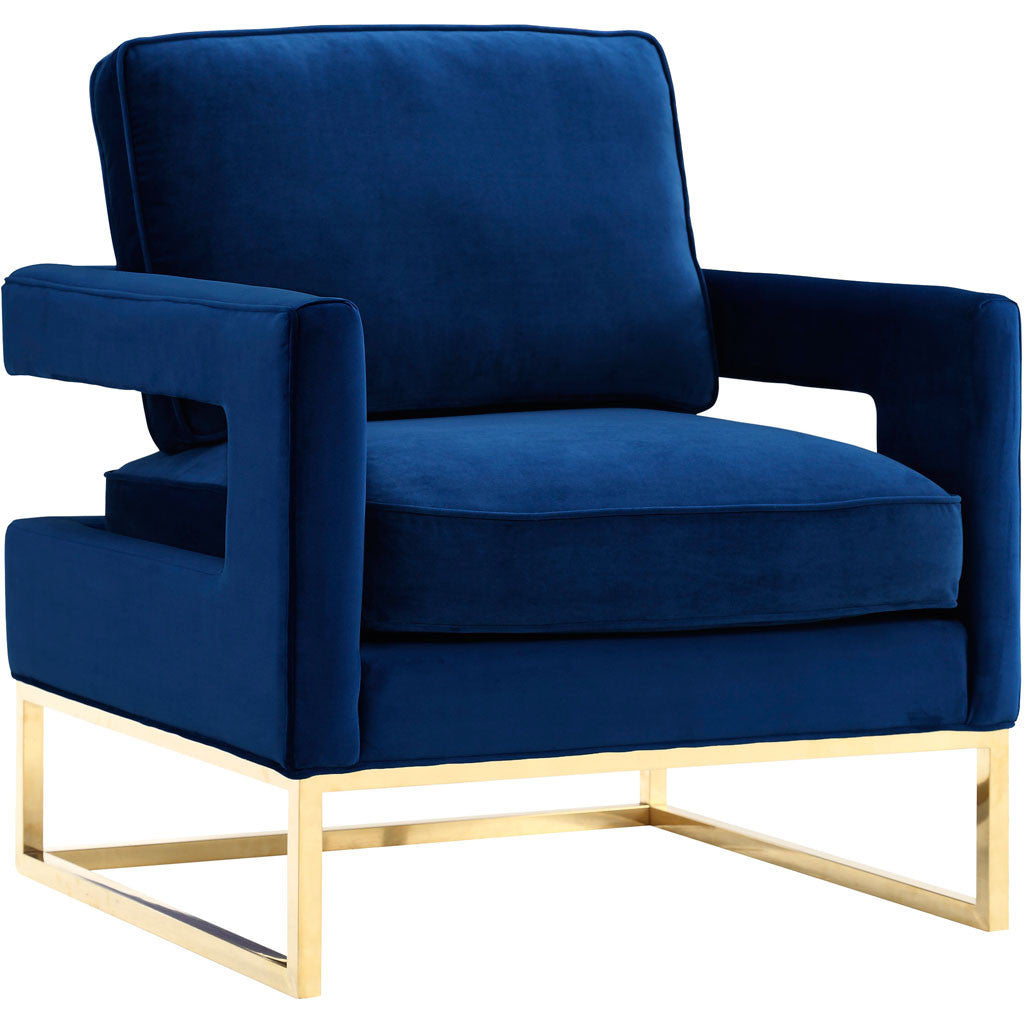 Navy velvet and a polished gold sled base give this generously cushioned chair a bold, glamorous finish. || TOV-A91 || front_angle_studio