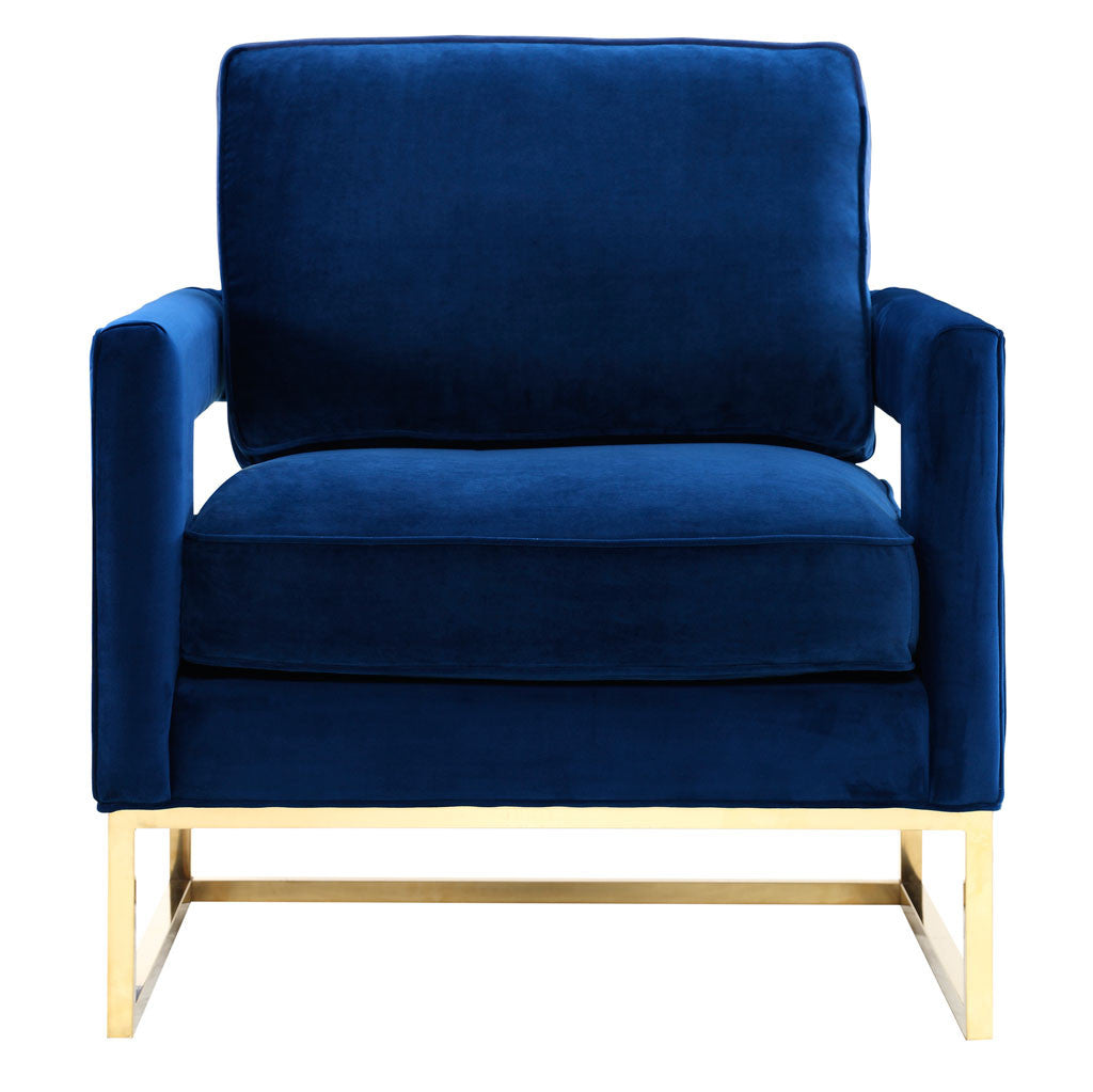 A plush navy velvet seat and broad piped back cushion invite relaxation between clean-lined padded arms. || TOV-A91 || front_studio