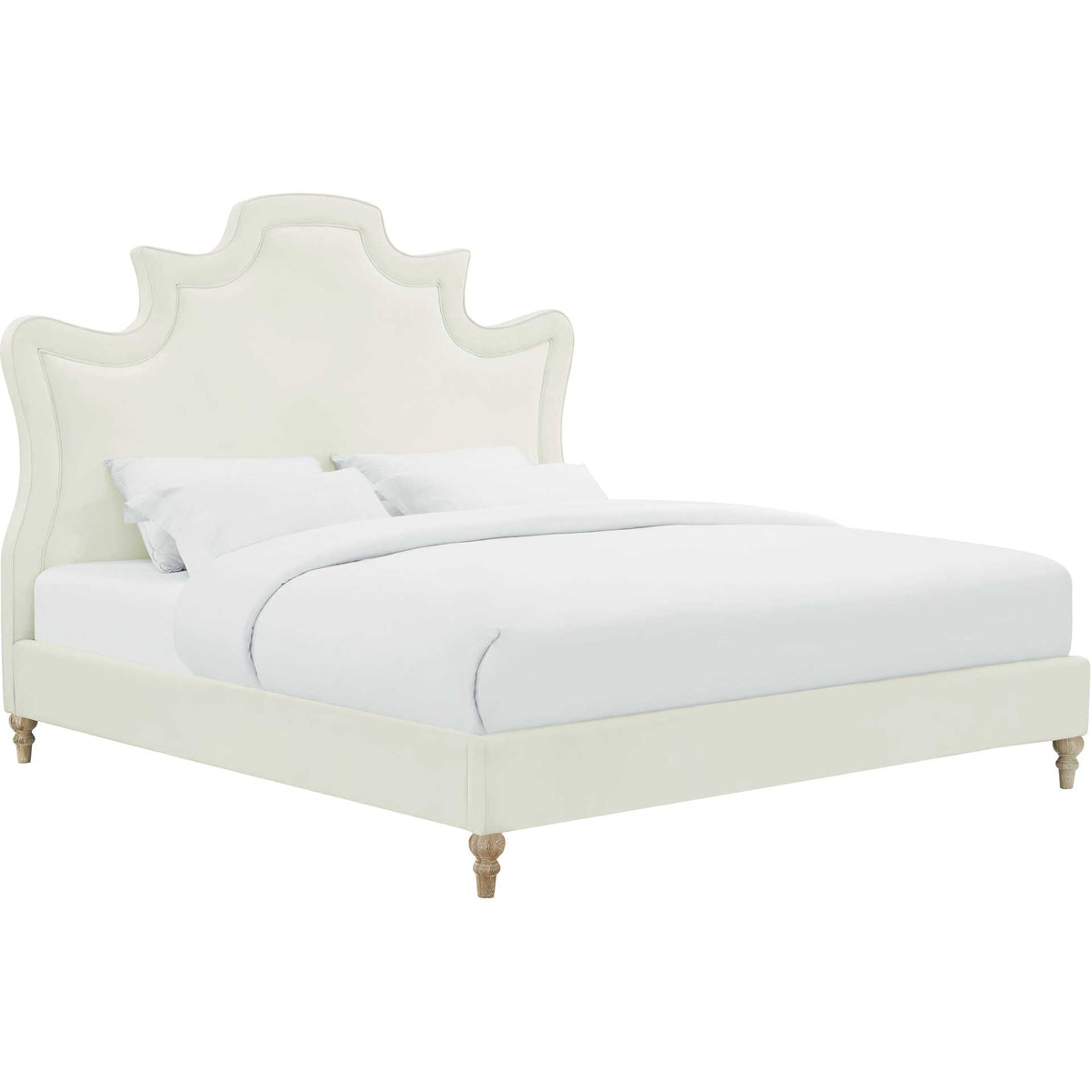 Cream velvet upholstery and a sculpted headboard pair with turned oak legs for a romantic look. || TOV-B104 || front_angle_studio
