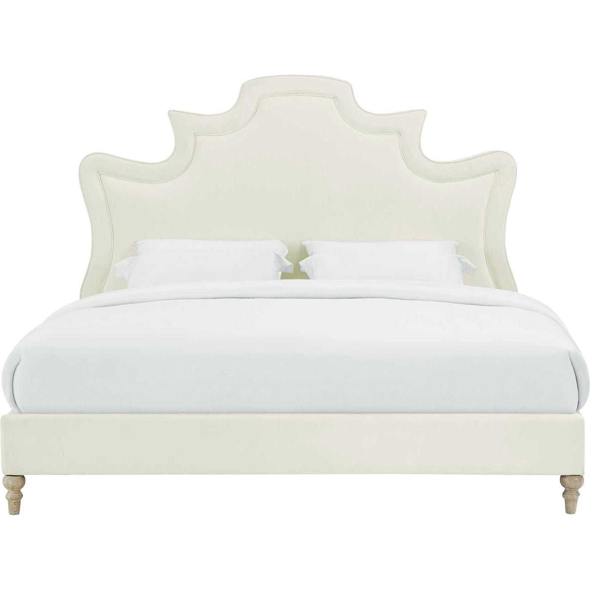 A grand scalloped headboard and low cream velvet frame create a soft, elegant centerpiece. || TOV-B104 || front_studio