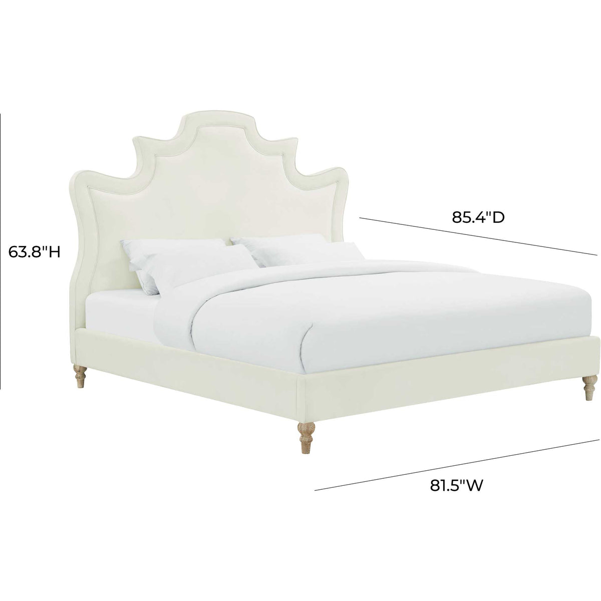 An 81.5-inch-wide king bed in cream velvet offers a sculpted headboard and a low upholstered frame.