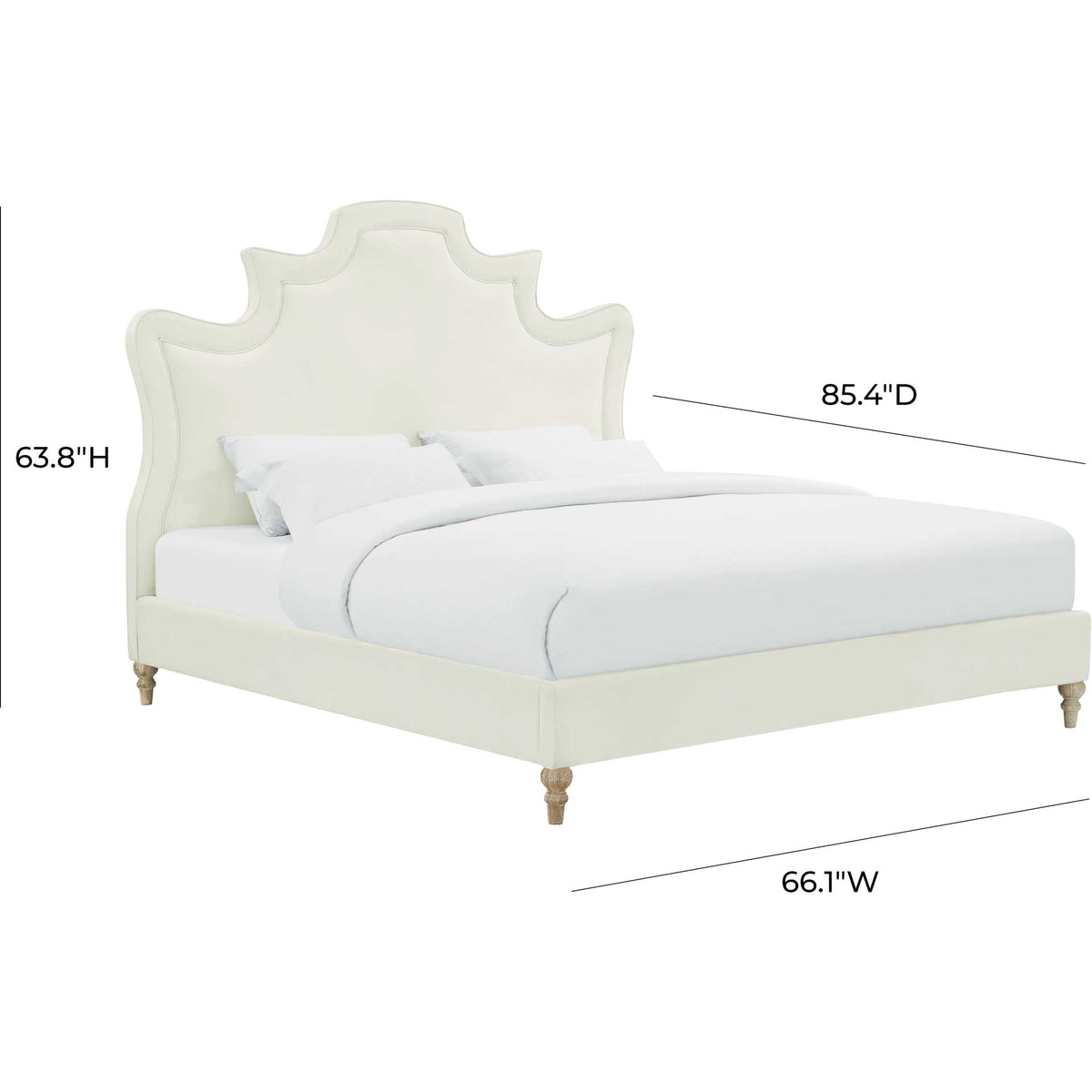A 66.1-inch-wide queen bed in cream velvet pairs a sculpted headboard with turned weathered oak legs.