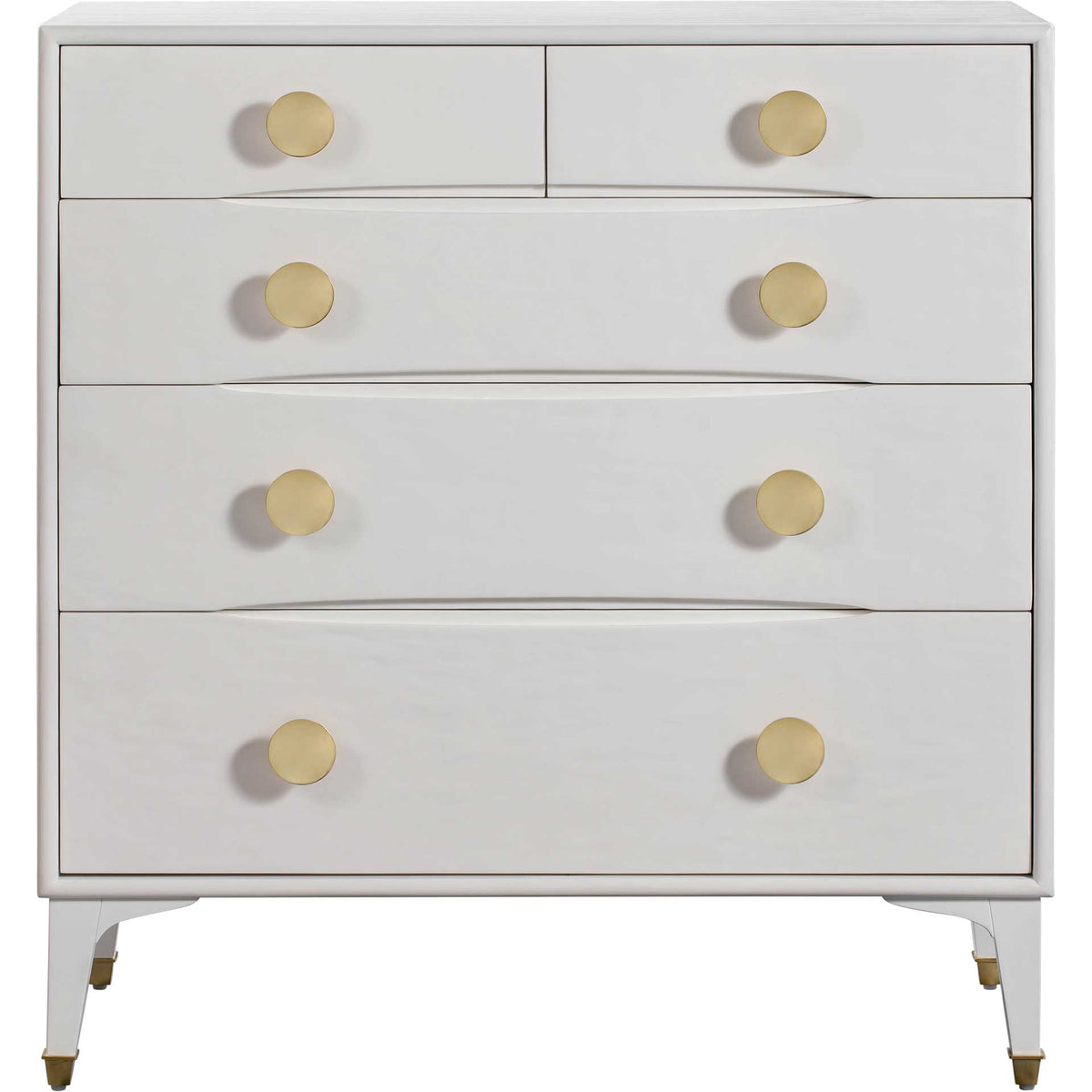 Two small upper drawers and three wide lower drawers offer flexible storage in a textured white finish || TOV-B44016 || front_studio