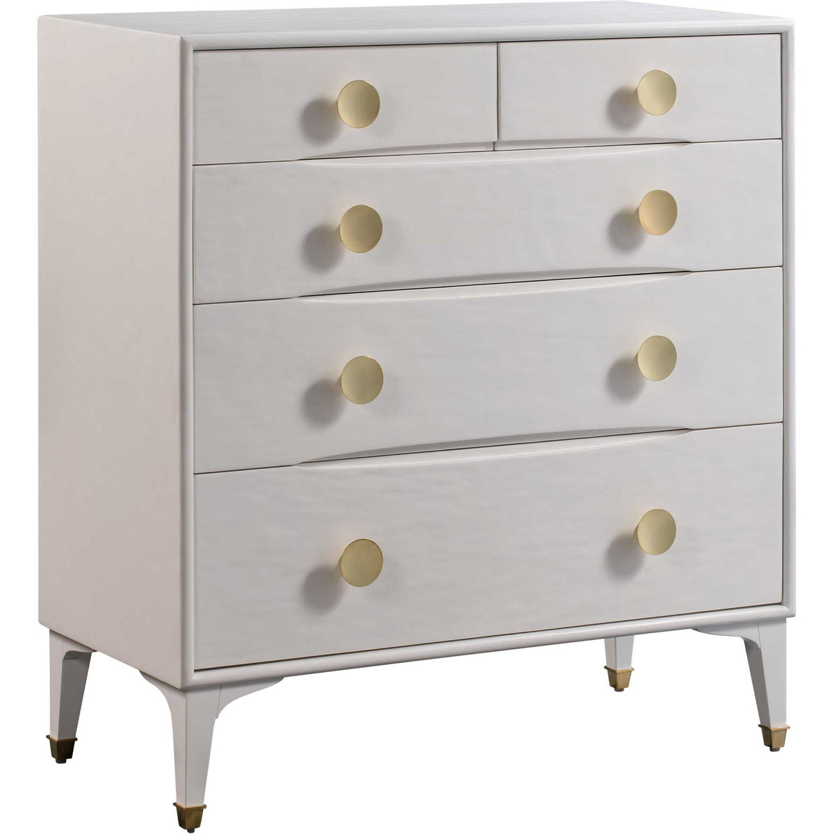 Sculpted white drawer fronts, round brass knobs, and brass-tipped legs create a glamorous chest || TOV-B44016 || front_angle_studio