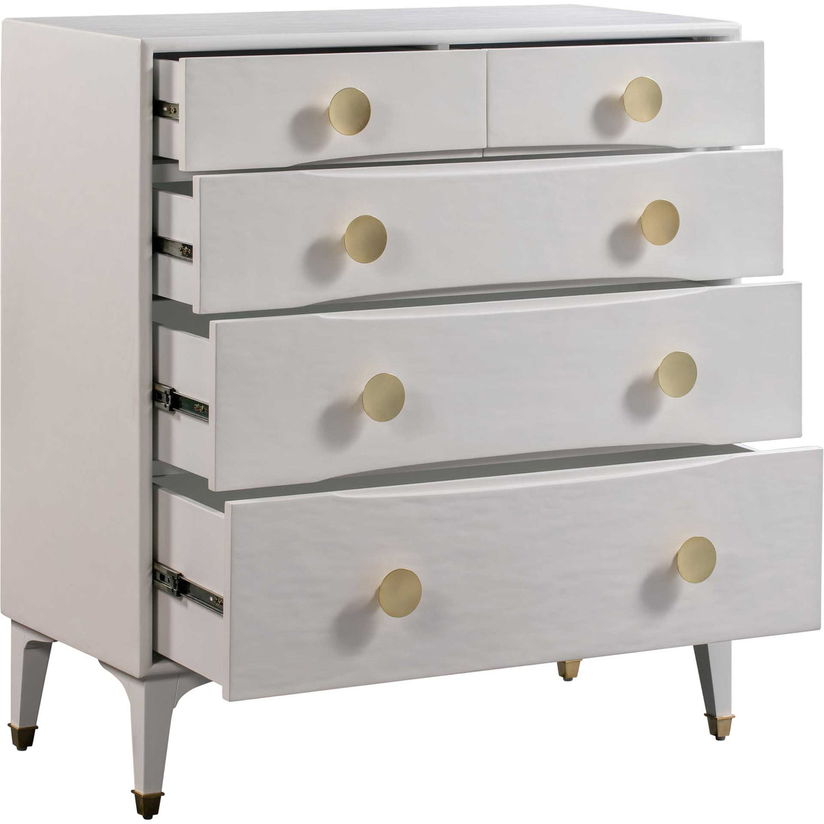 Five open drawers reveal storage space behind sculpted white fronts with round brass knobs