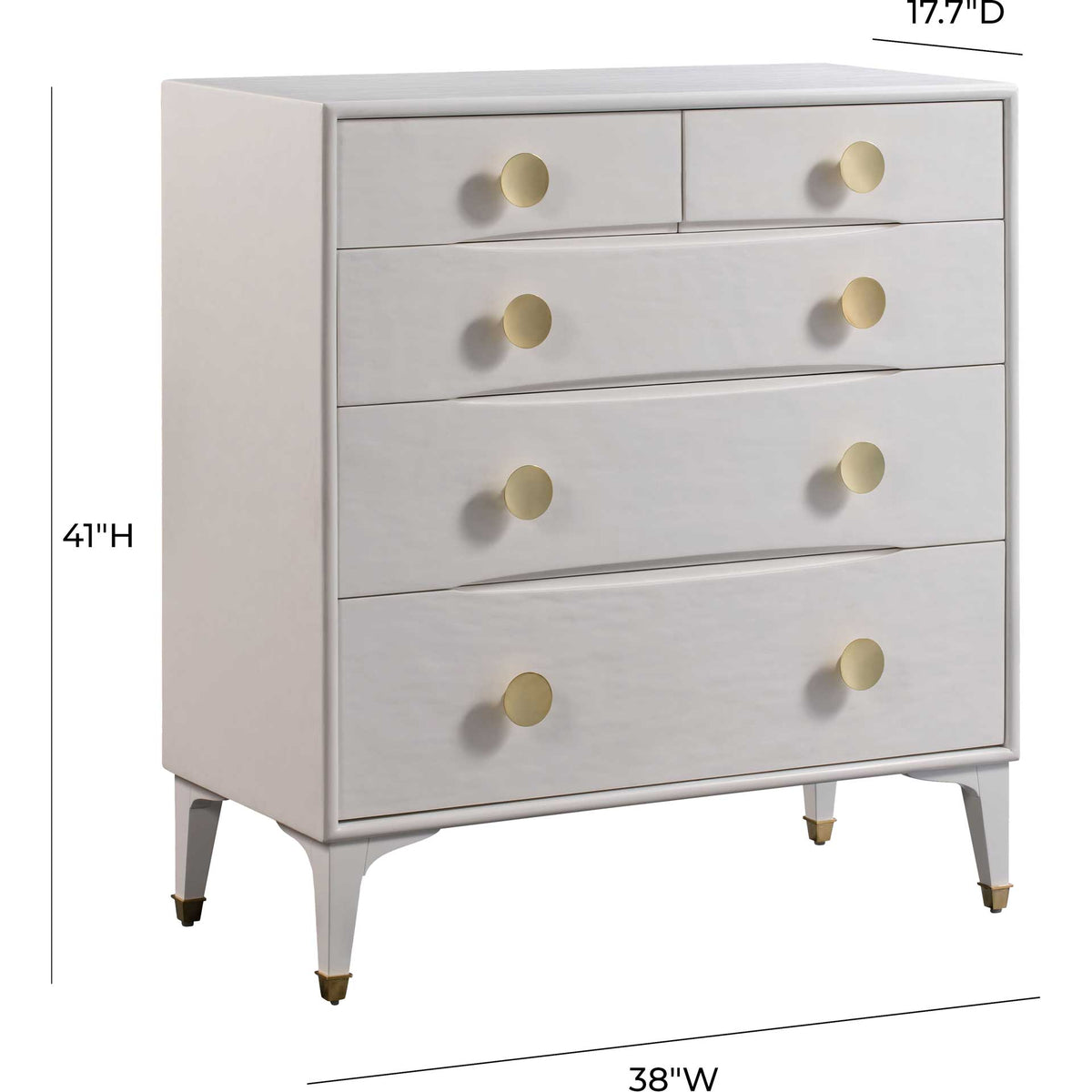 Five-drawer white chest measures 38 inches wide, 17.7 inches deep, and 41 inches tall