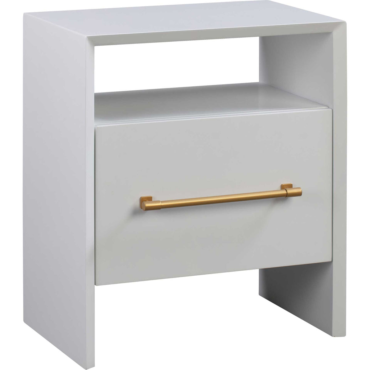 Bright white nightstand pairs an open shelf with a single drawer accented by a gold-finished bar pull || TOV-B44059 || front_angle_studio