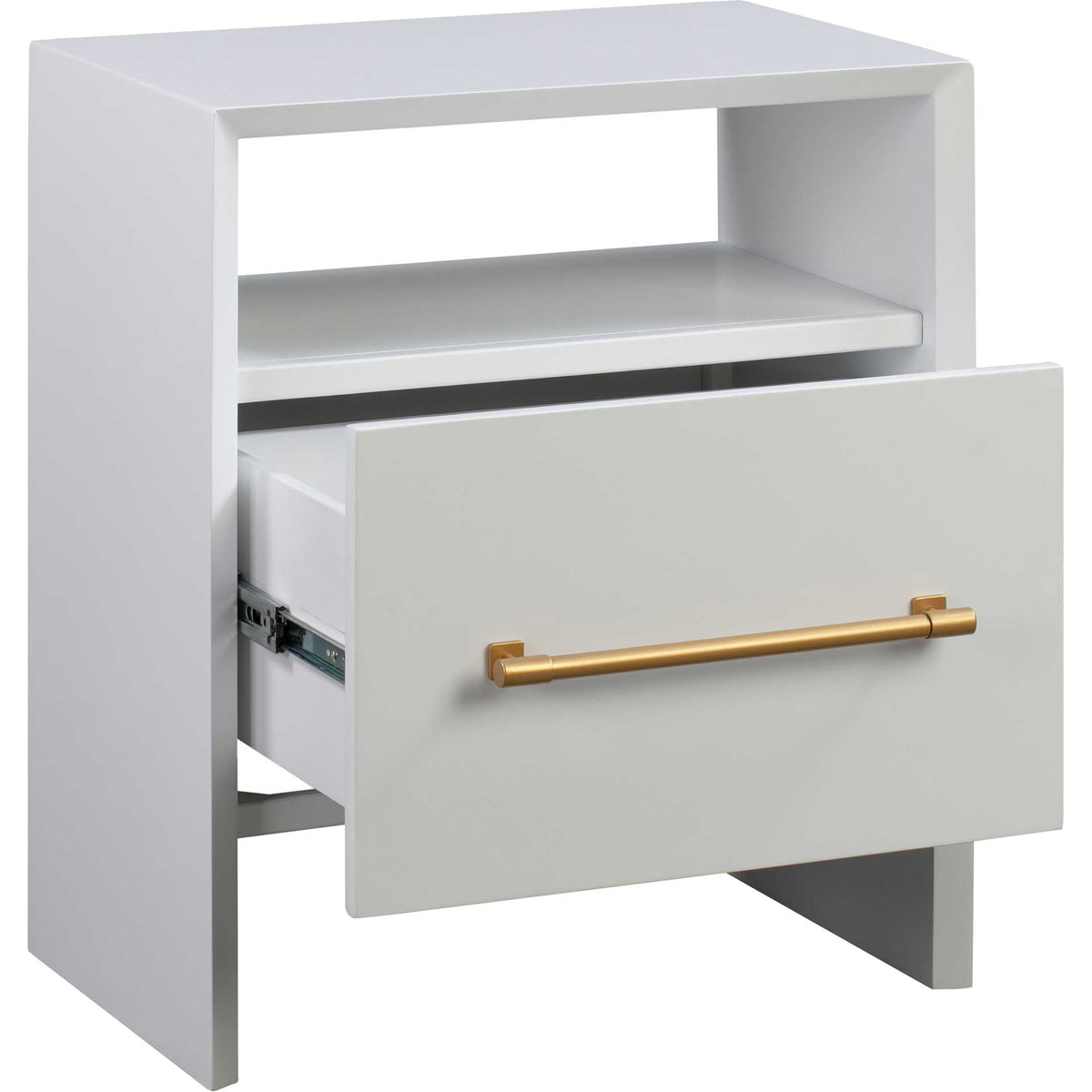 A pullout drawer and an open shelf offer versatile storage in a sleek white design