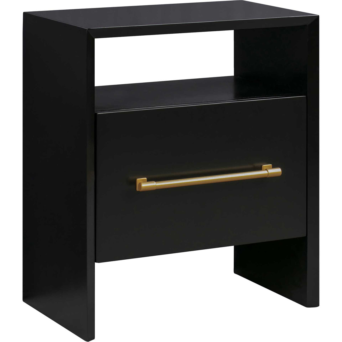 Sleek black nightstand pairs an open shelf with a roomy drawer and a gold-finished bar pull || TOV-B44060 || front_angle_studio