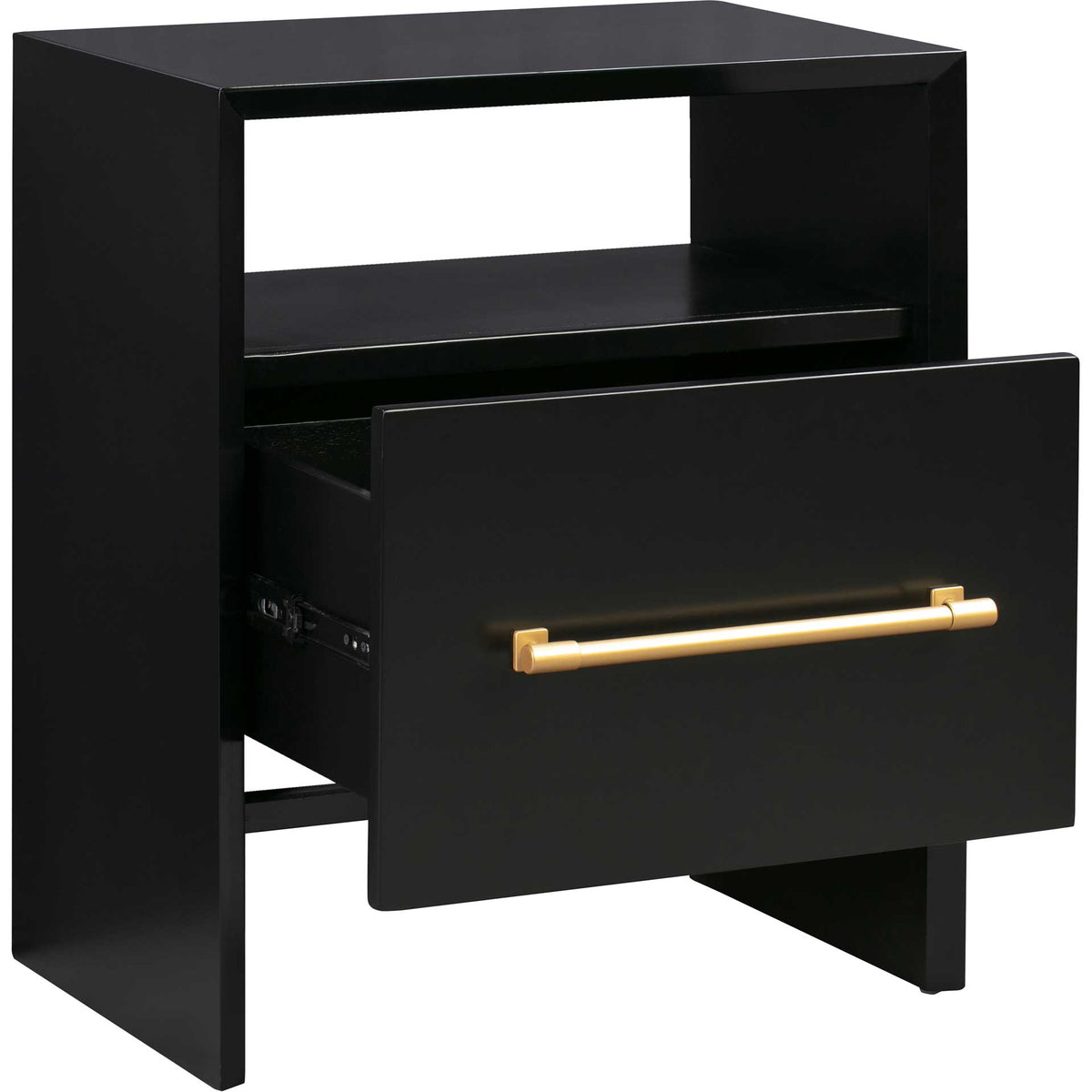 A roomy pullout drawer and open shelf keep bedside essentials organized in a clean-lined black design
