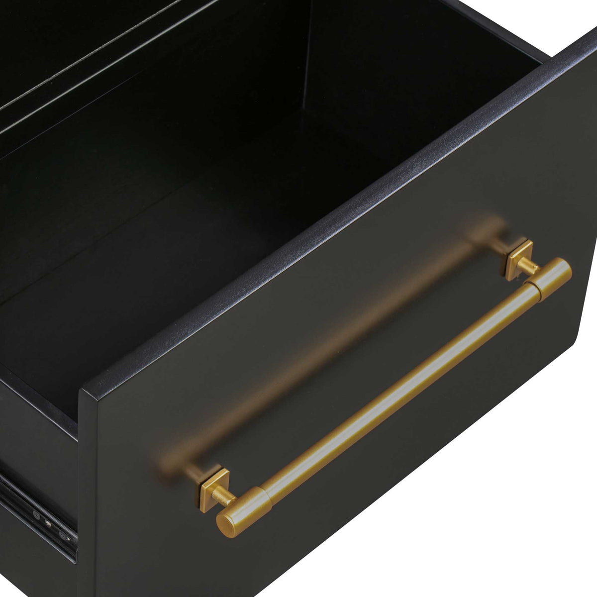 A gold-finished bar pull adds a warm metallic accent to the smooth black drawer