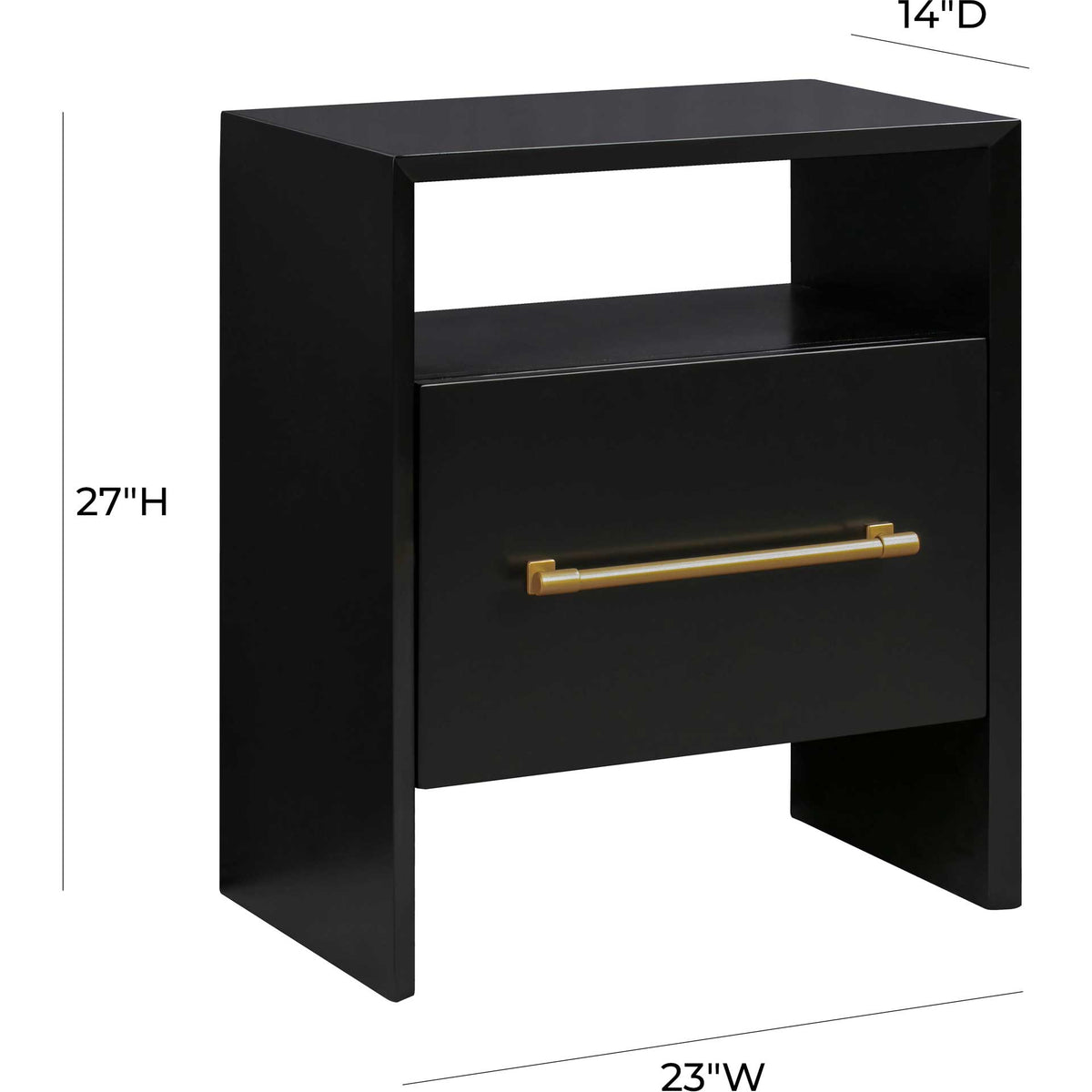 Compact 23-inch width and 14-inch depth make this black nightstand a smart fit for bedside storage