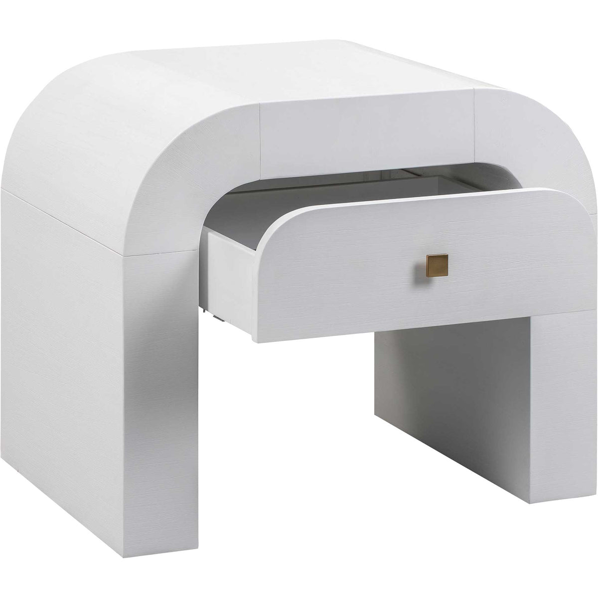 A pullout drawer with a gold-tone knob keeps bedtime essentials within reach in this curved white nightstand.