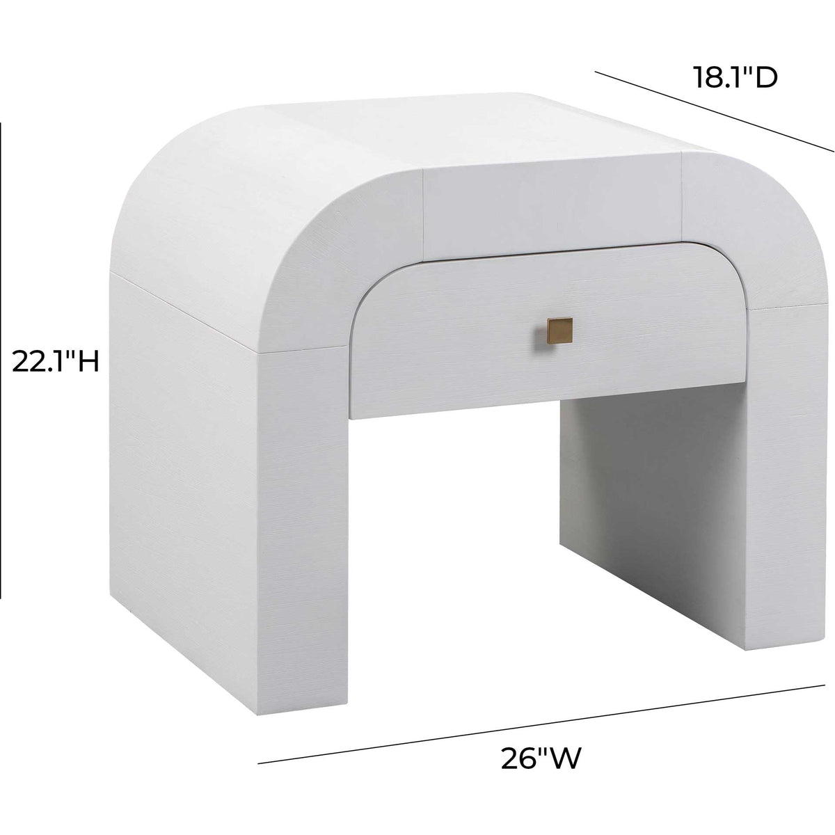 A 26-inch-wide frame combines rounded corners, a single drawer, and an open base for compact bedside storage.