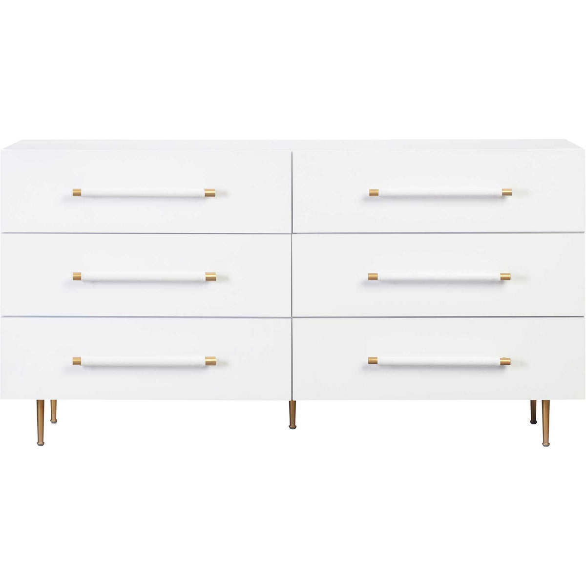 Crisp white drawer fronts and matching long pulls are finished with warm brass end caps || TOV-B44095 || front_studio