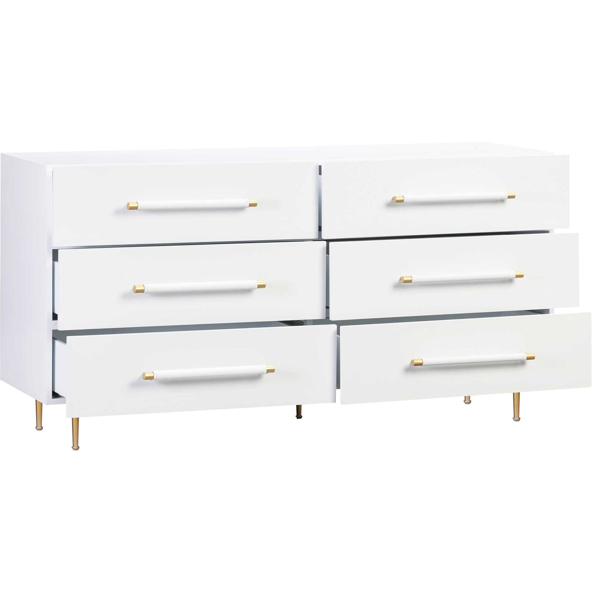 Six soft-close drawers open to keep everyday essentials organized behind crisp white fronts