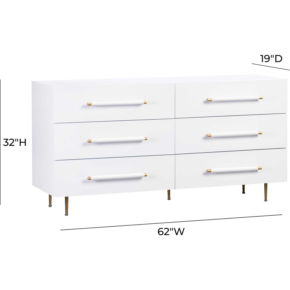 A 62-inch-wide white dresser combines six spacious drawers with a slim 19-inch depth