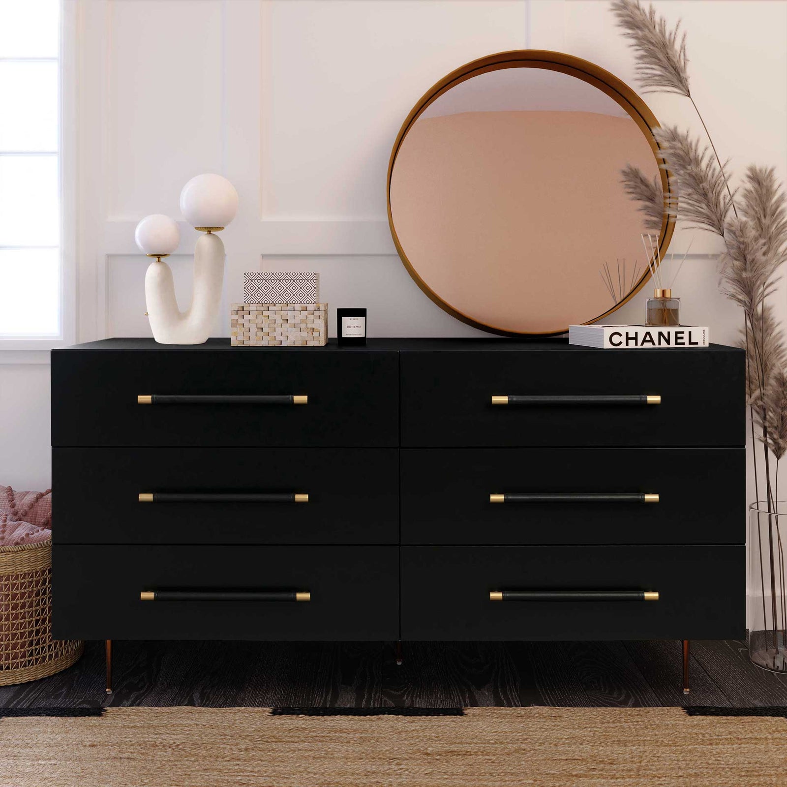 Trey 6 Drawer Dresser Black/Brass
