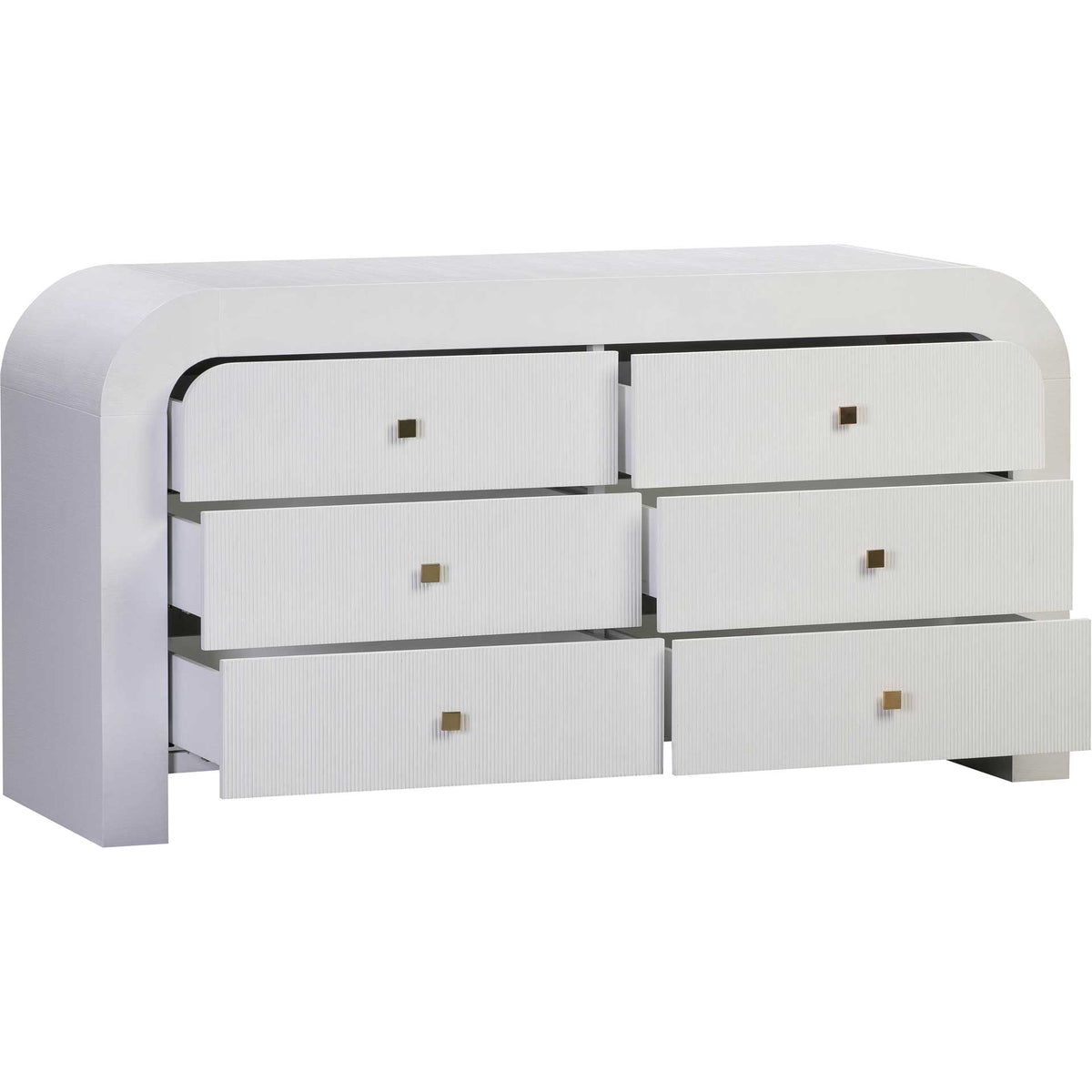 Six spacious drawers offer easy organization with fluted white fronts and warm gold-tone knobs.