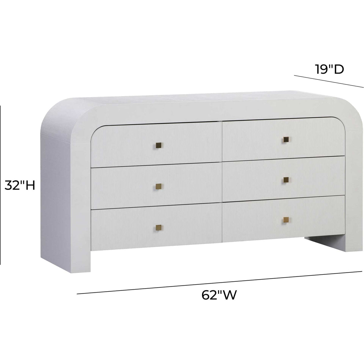 Measuring 62 inches wide, 19 inches deep, and 32 inches high, this white dresser offers generous storage.