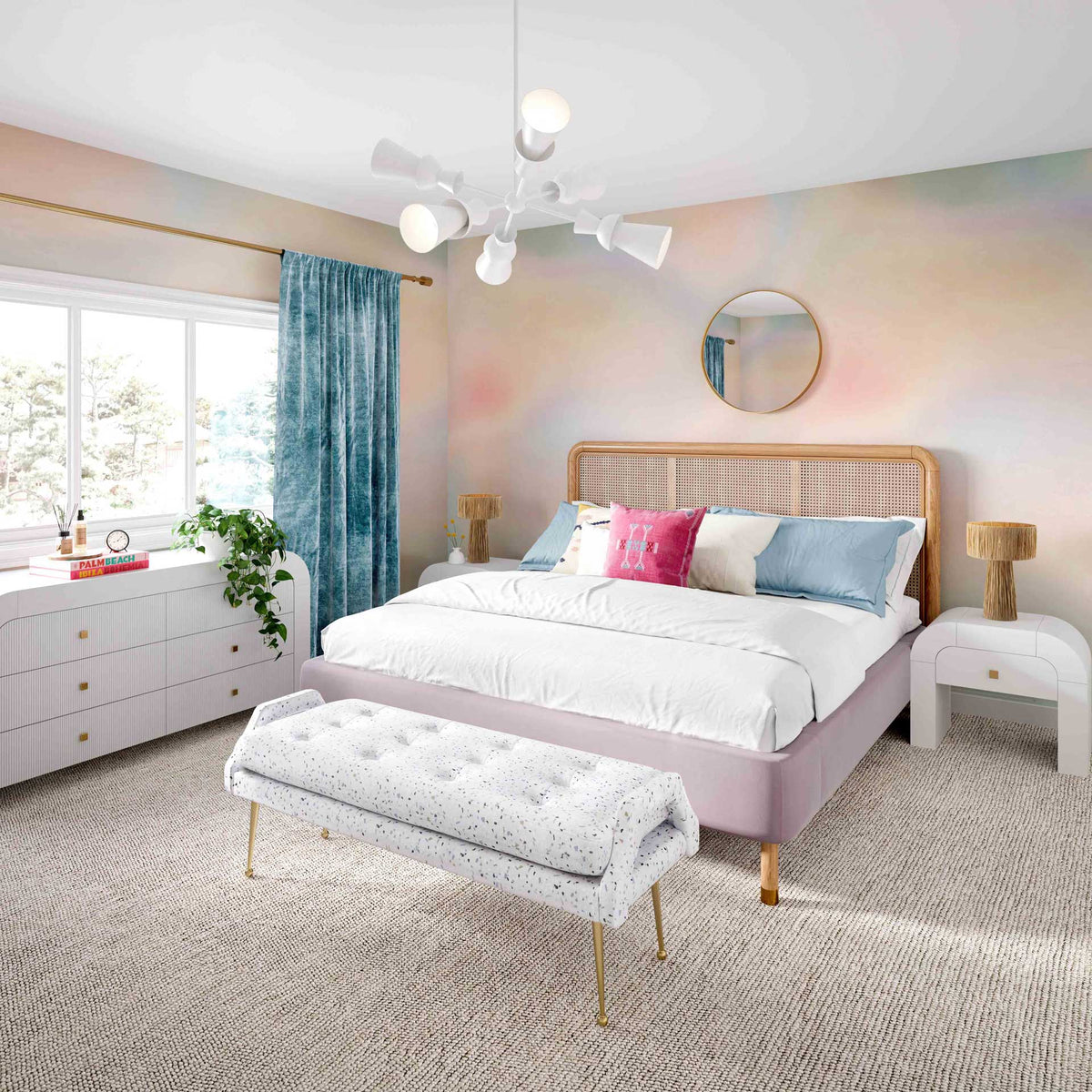 White fluted drawers add airy bedroom storage, with gold-tone knobs lending a warm finishing touch.