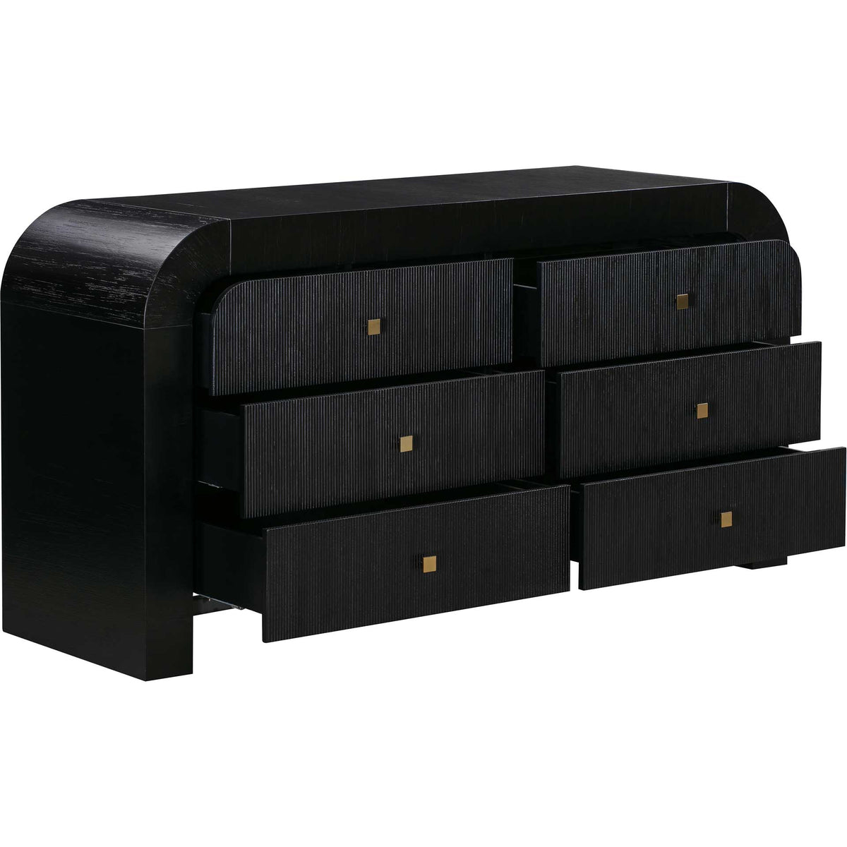 Six roomy drawers provide generous storage behind ribbed black fronts and warm gold-tone knobs.