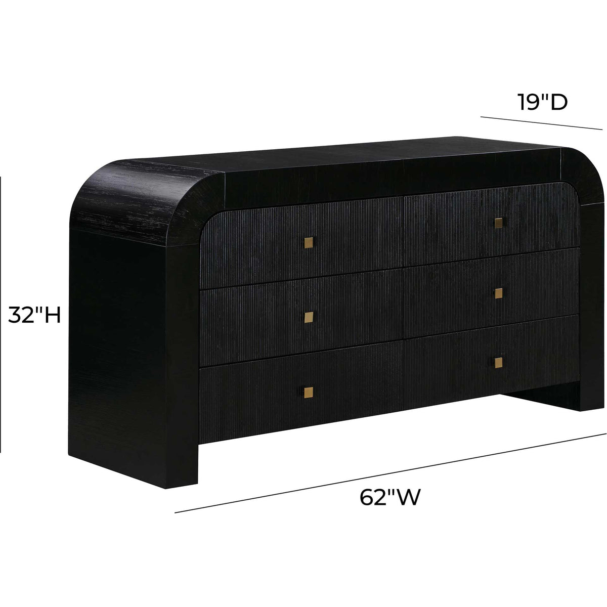 A 62-inch-wide black dresser offers six drawers in a rounded frame measuring 19 inches deep and 32 inches high.