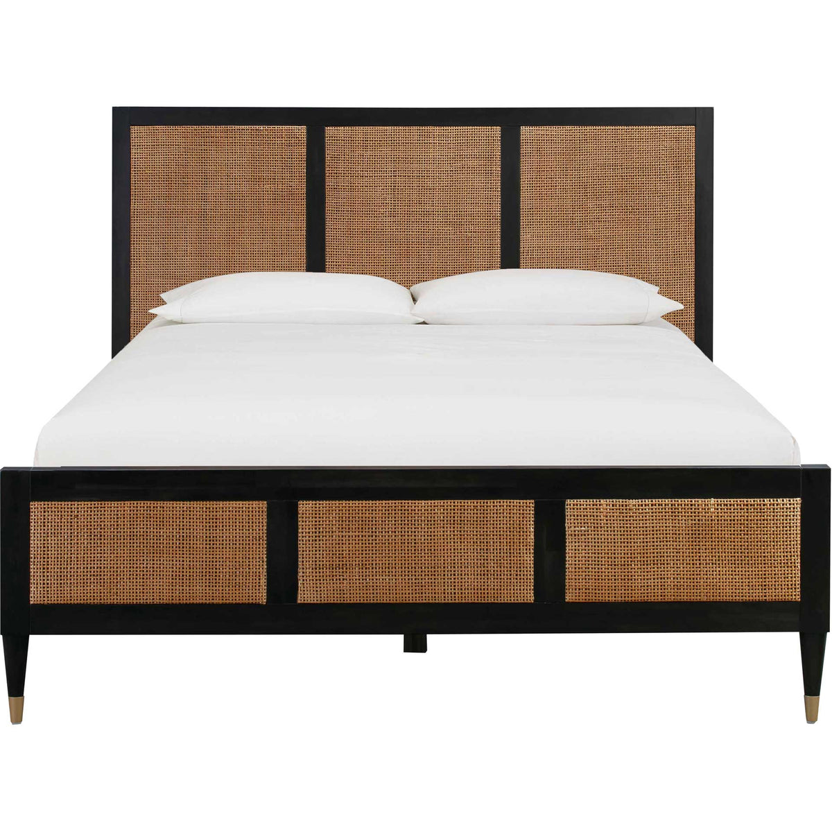 Three natural cane panels bring warm texture to the black headboard and matching footboard || TOV-B44101 || front_studio