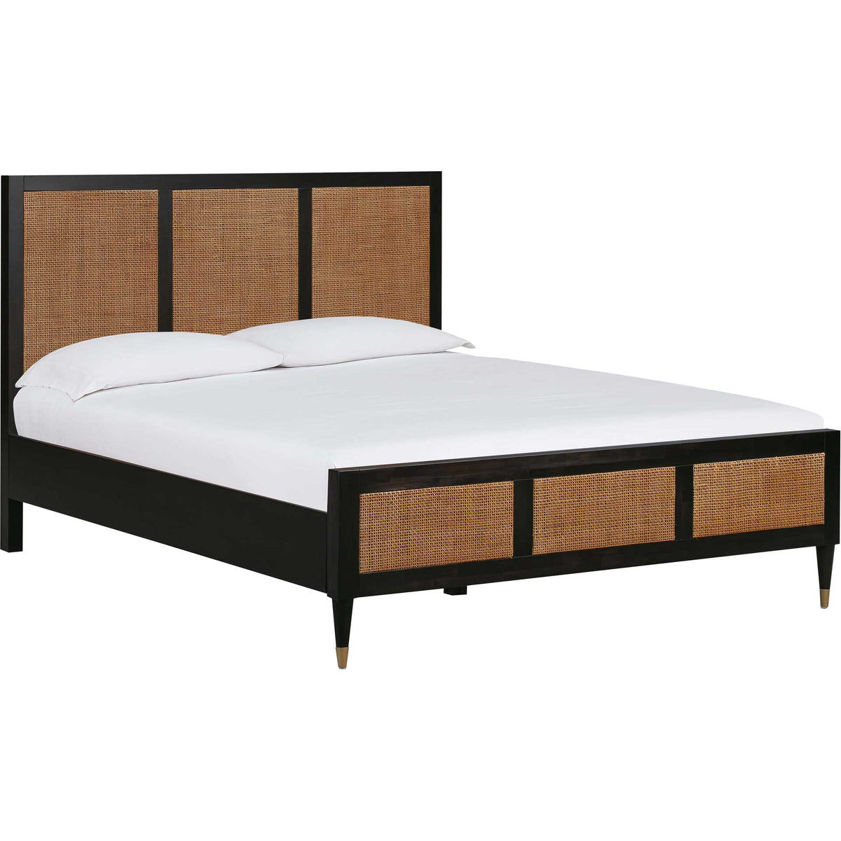 Black acacia bed contrasts warm cane panels with crisp lines and brass-tone leg caps || TOV-B44101 || front_angle_studio