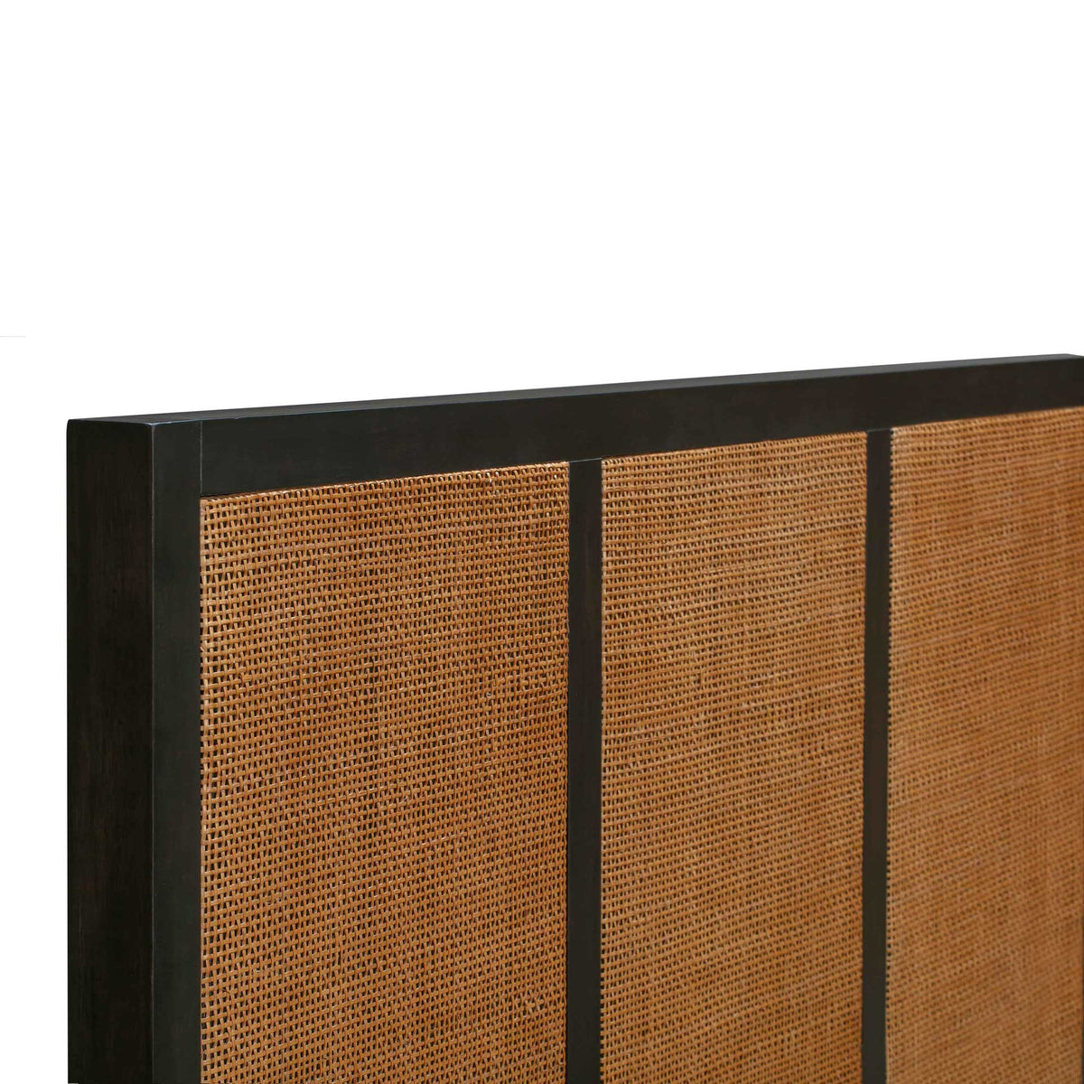 Natural cane panels framed in black wood add rich woven texture to the headboard