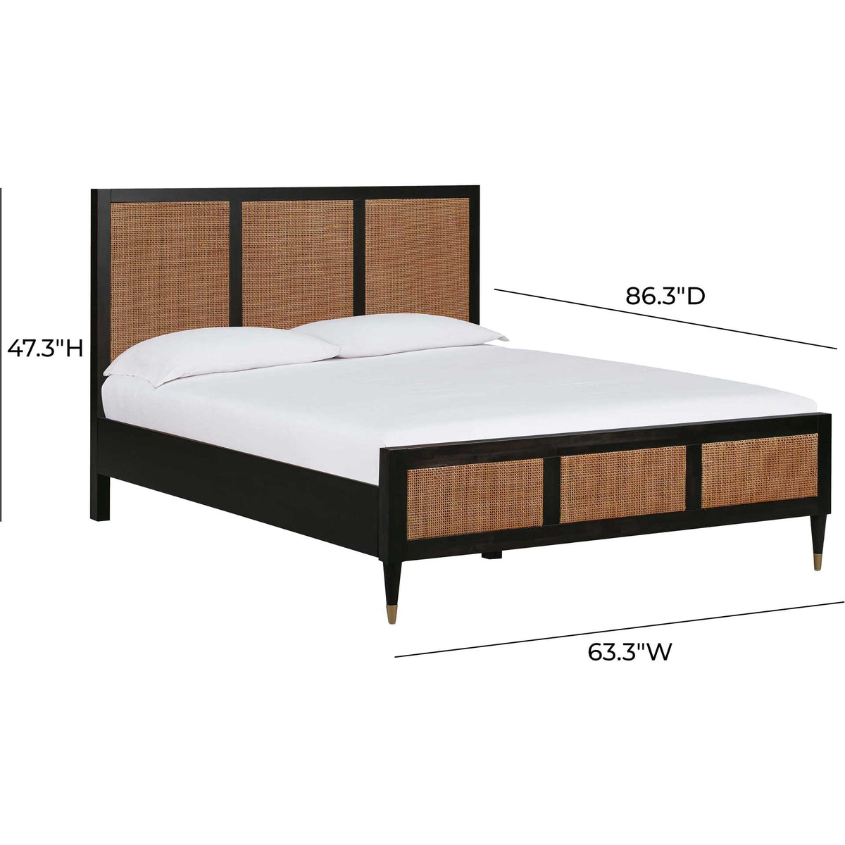 Queen bed combines warm cane panels, a black wood frame, and slender metal-capped legs