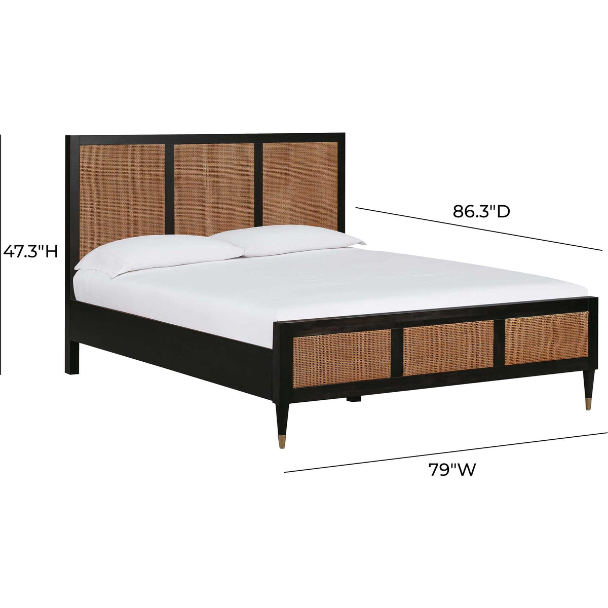 King bed with a black wood frame, natural cane panels, and antique brass-tone leg accents