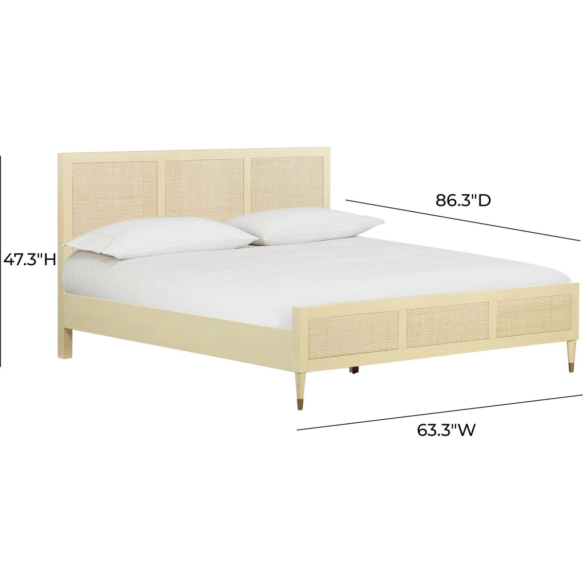 Queen bed with cream wood framing, cane panels, and tapered legs with brass-tone caps