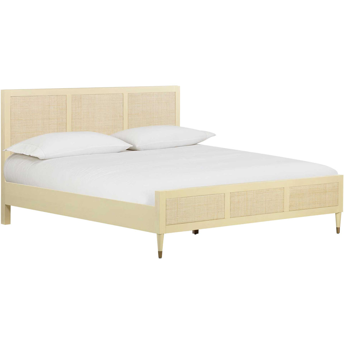 Cream rubberwood bed pairs woven cane panels with clean lines and brass-tone leg caps || TOV-B44104 || front_angle_studio