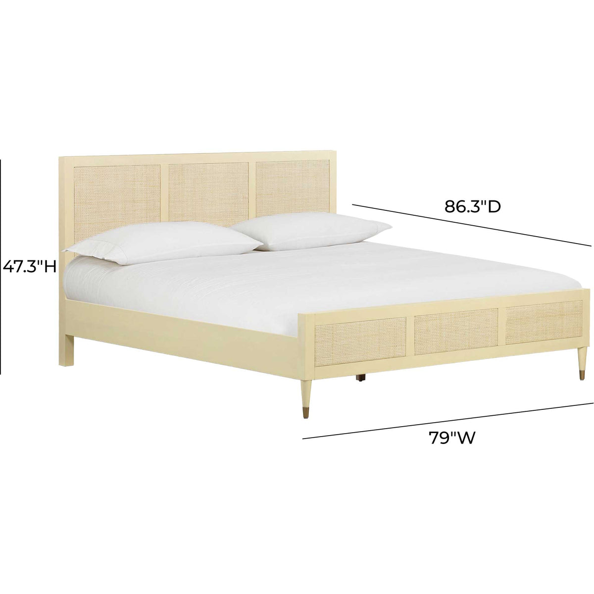 King bed pairs a pale cream finish with woven cane panels and warm metallic leg accents
