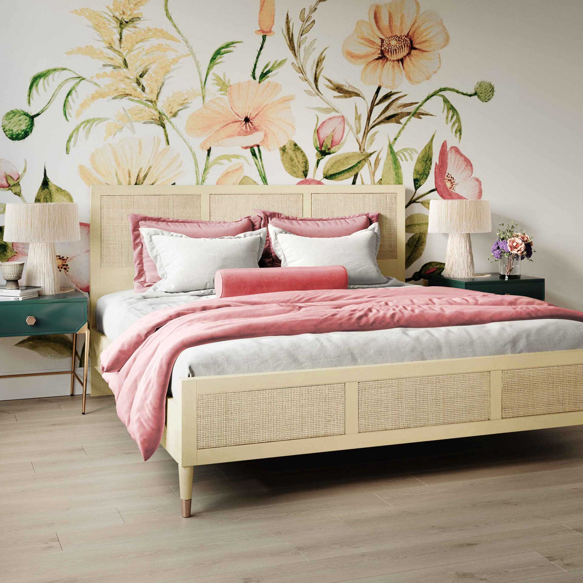 Cream cane panels and brass-tone leg caps bring an airy feel to a clean-lined bed