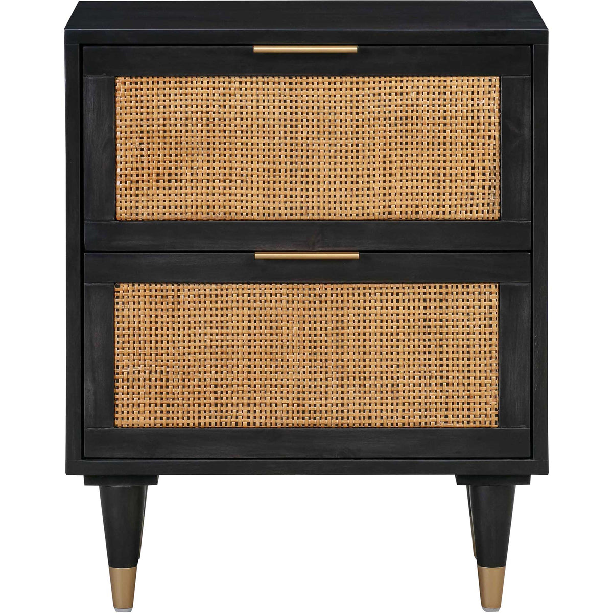 Two cane-front drawers bring warm texture and striking contrast to a streamlined black nightstand || TOV-B44106 || front_studio