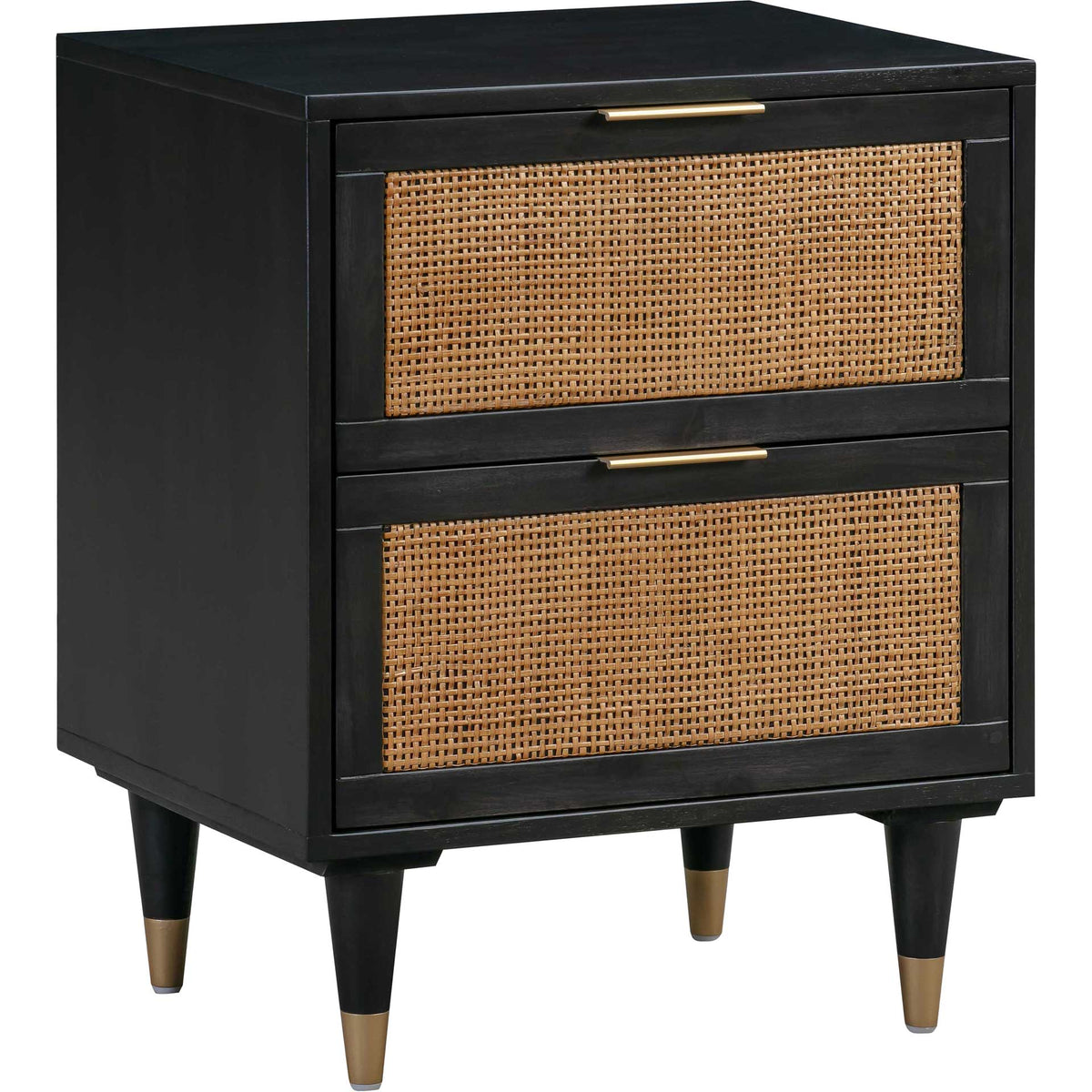 Black nightstand with natural cane drawer fronts, slim brass-tone pulls, and tapered, metal-capped legs || TOV-B44106 || front_angle_studio